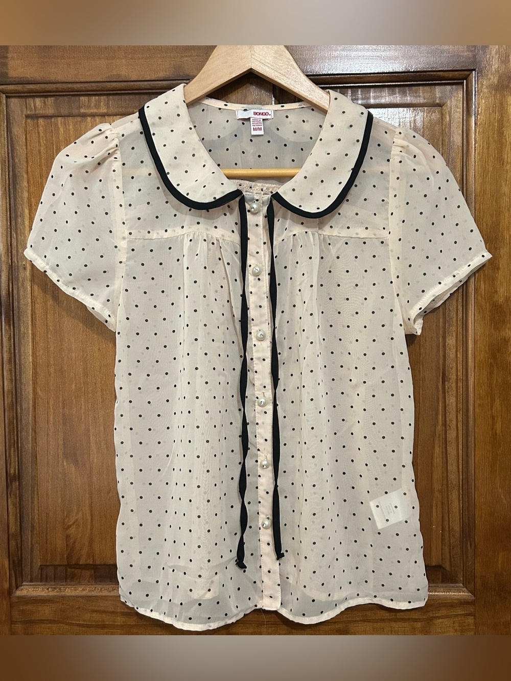 Bongo Blouse Womens Medium M Cream Black Polka Dot Sheer Peter Pan Collar Top